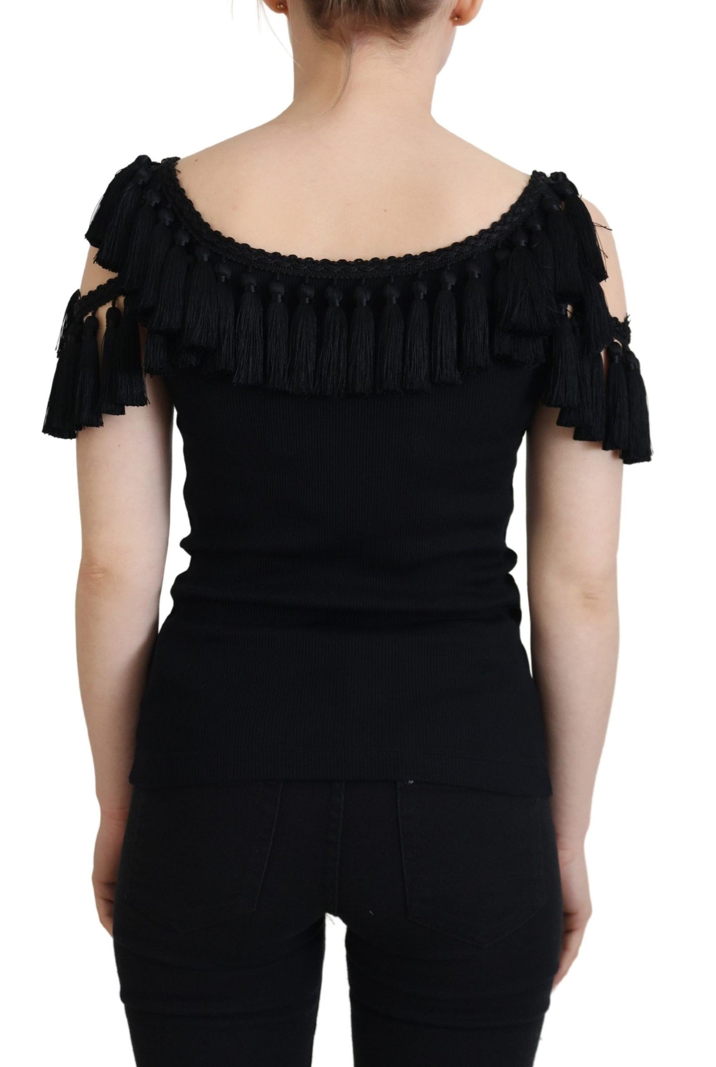 Dolce & Gabbana – Schwarze Tanktop-Bluse mit Quasten aus Baumwolle
