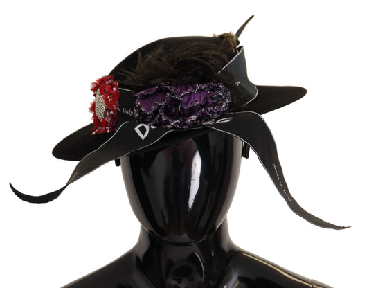 Dolce & Gabbana – Schwarzer Fedora-Hut mit Lapil-Kristallherz-Federbrosche