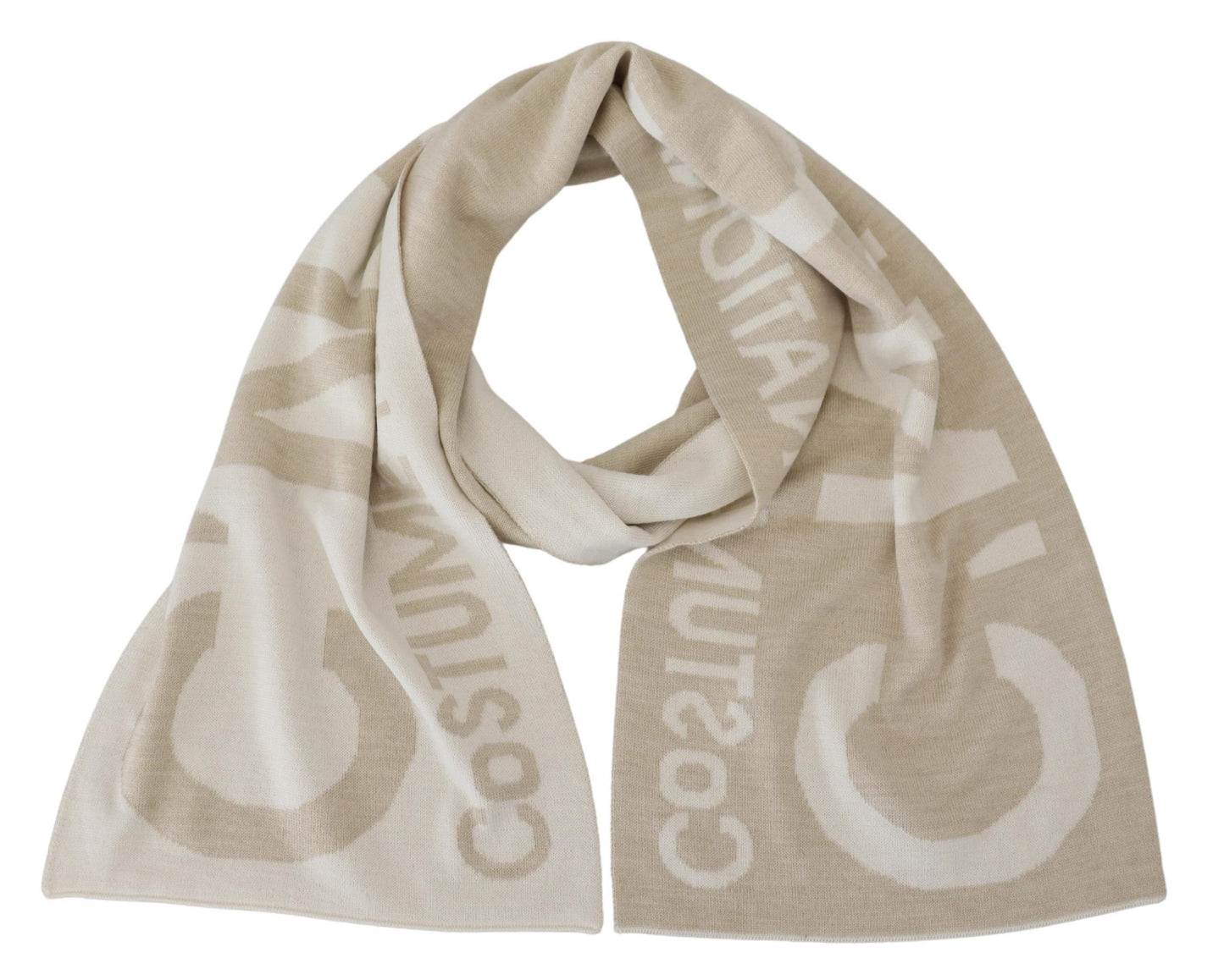 Costume National Beige Weiß Logo Wickelschal Schal Wärmer