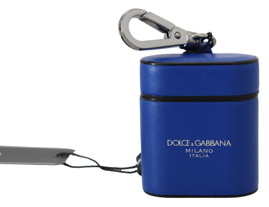 Dolce & Gabbana – Airpods-Hülle aus blauem Leder mit silbernem Metalllogo