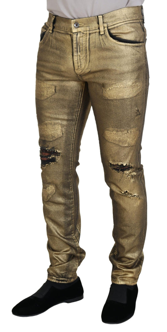 Dolce & Gabbana – Zerfetzte Skinny-Jeans aus goldener Baumwolle für Herren