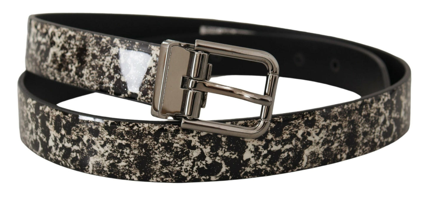 Dolce & Gabbana – Schwarzer Ledergürtel mit Marmormuster und silberner Logoschnalle