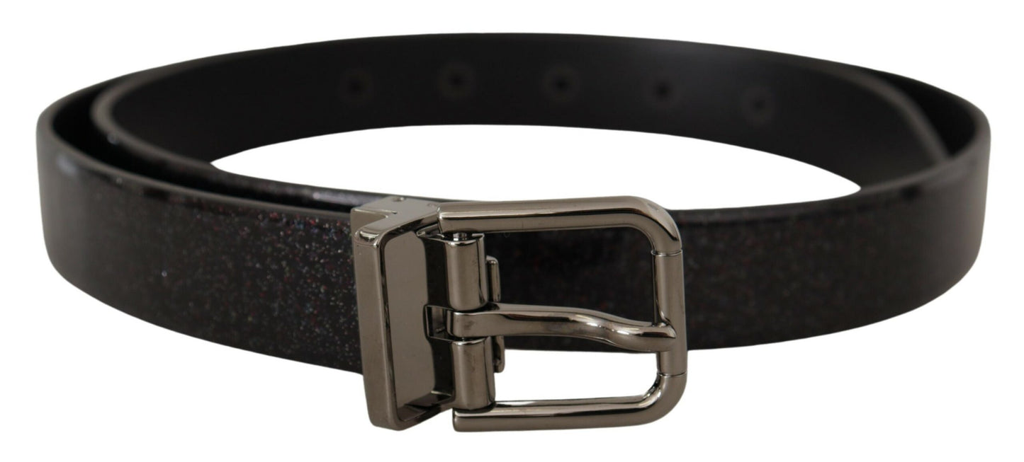 Dolce & Gabbana Schwarzer Vernice Puntinata Ledergürtel aus silberfarbenem Metall