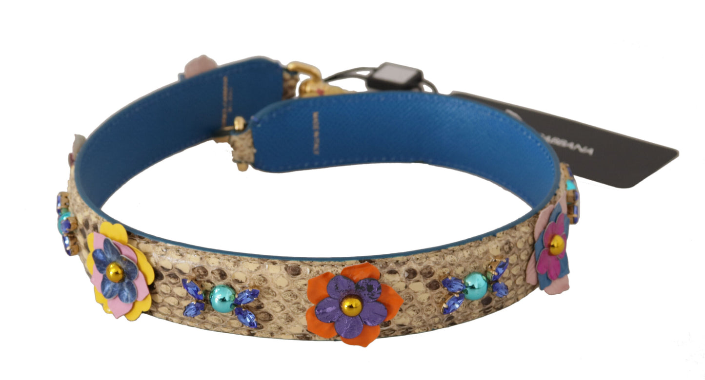 Dolce & Gabbana Schultergurt aus beigefarbenem Pythonleder mit Blumen- und Nietenbesatz