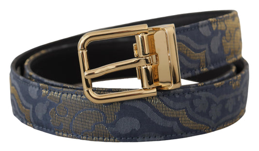 Dolce & Gabbana – Marineblauer Jacquard-Gürtel mit goldfarbener Logo-Metallschnalle