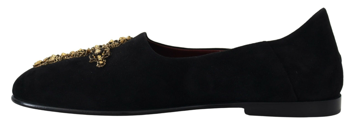 Dolce & Gabbana – Slipper aus schwarzem Wildleder mit goldenem Kreuz