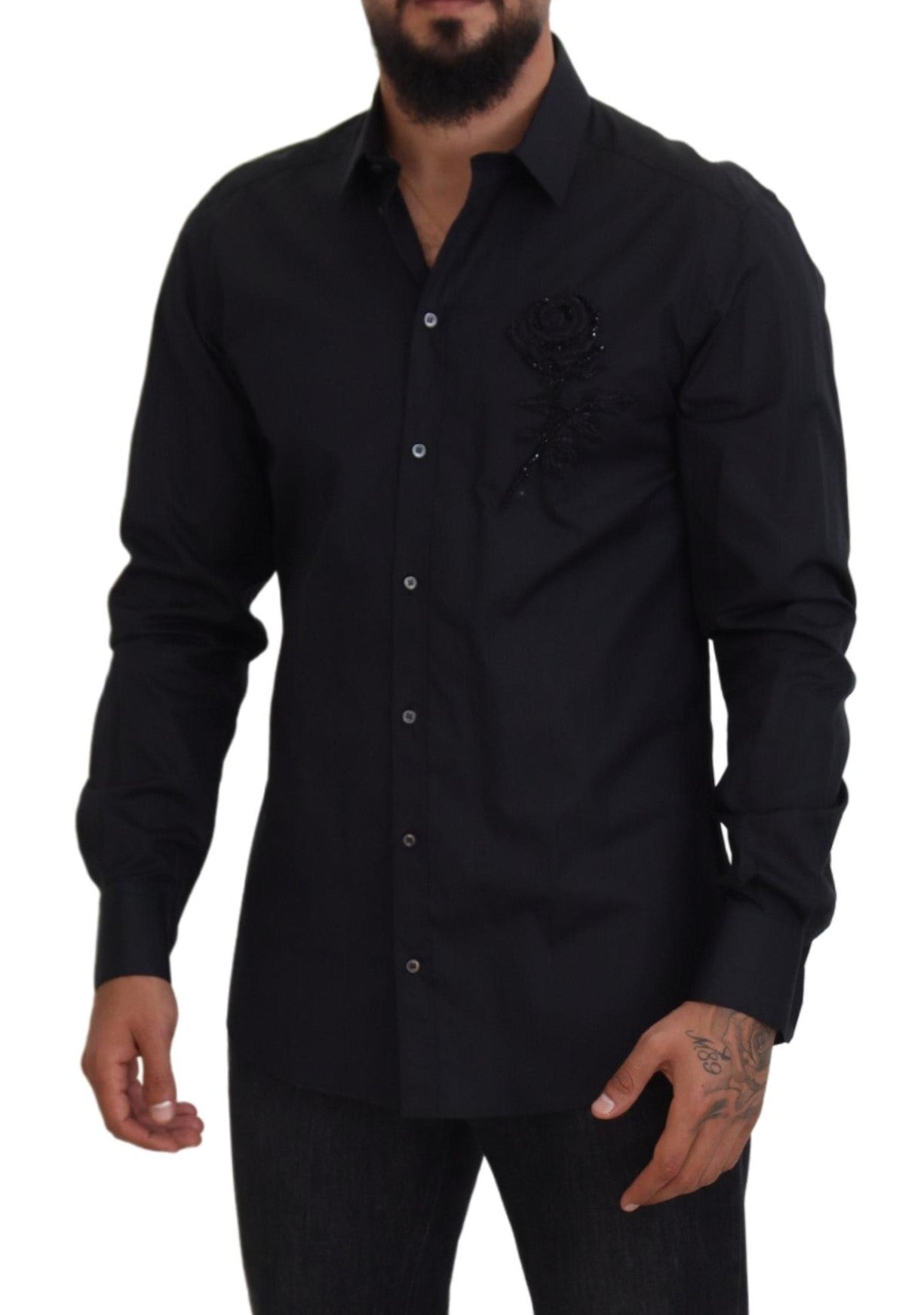 Dolce & Gabbana Schwarzes, schmal geschnittenes Baumwollhemd mit Rosen