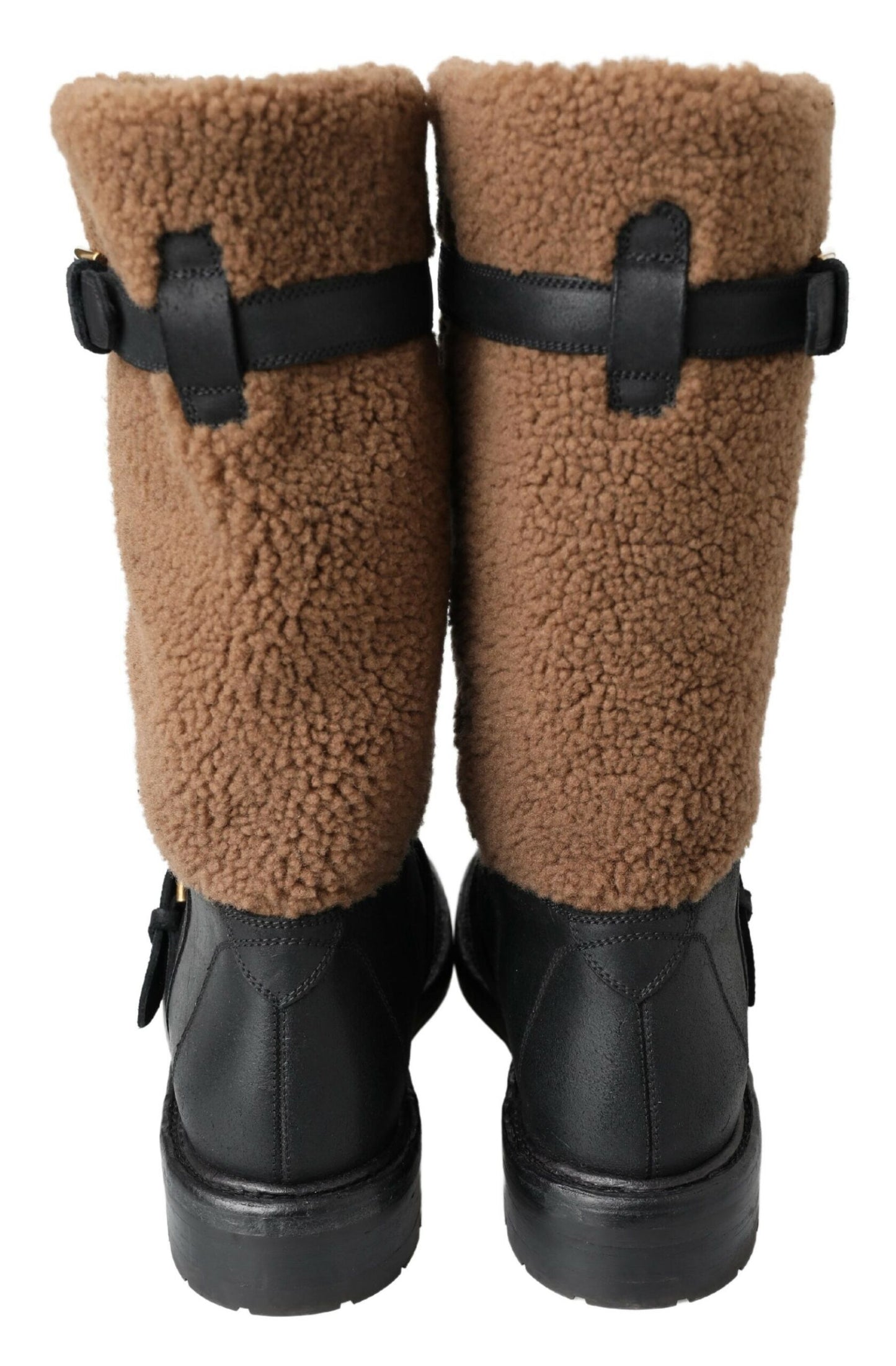 Dolce & Gabbana – Schwarze Lederstiefel mit braunem Lammfell