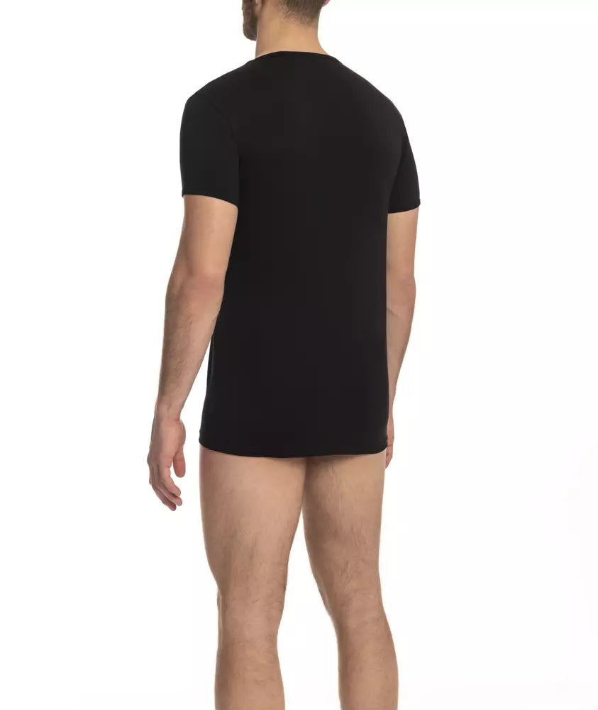 Cavalli Class „Schwarzes Herren-T-Shirt aus Baumwolle mit V-Ausschnitt“