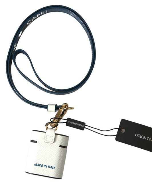 Dolce & Gabbana – Airpods-Hülle mit Logo-Print-Riemen aus weiß-blauem Kalbsleder