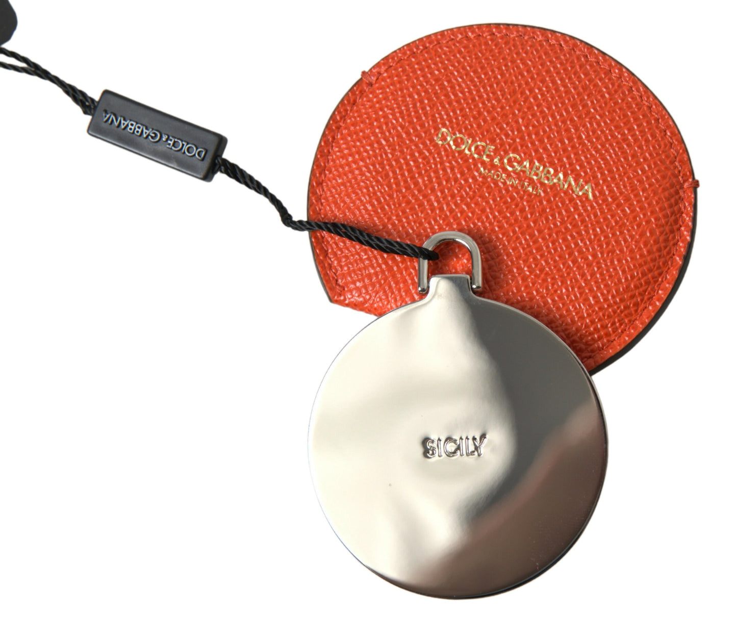 Dolce & Gabbana – Handspiegelhalter aus orangefarbenem Kalbsleder mit rundem Logo
