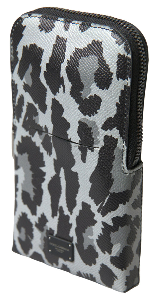 Dolce & Gabbana Graue Leopardenleder Herren Geldbörse Crossbody Sling Handytasche
