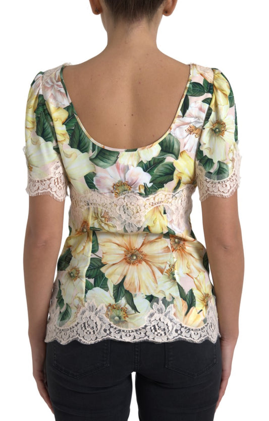 Dolce & Gabbana, mehrfarbige Bluse mit V-Ausschnitt und Blumenspitze