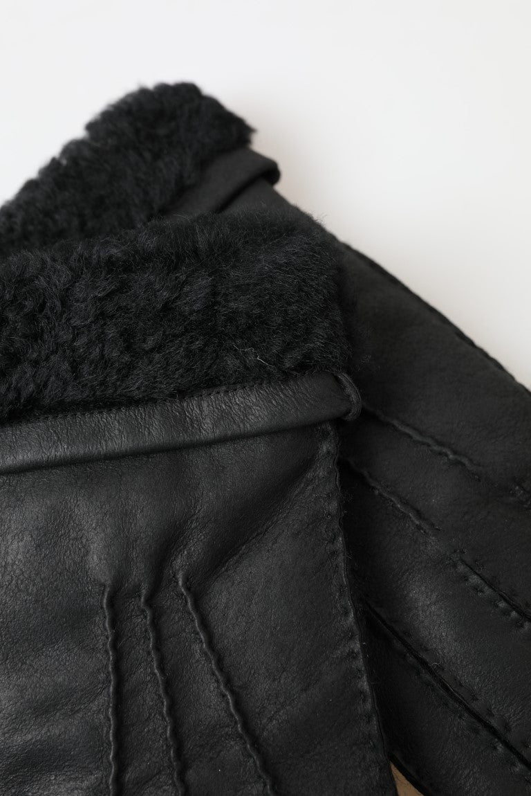 Dolce & Gabbana Schwarze Lederpelz-Kurzhandfäustlinge Herrenhandschuhe