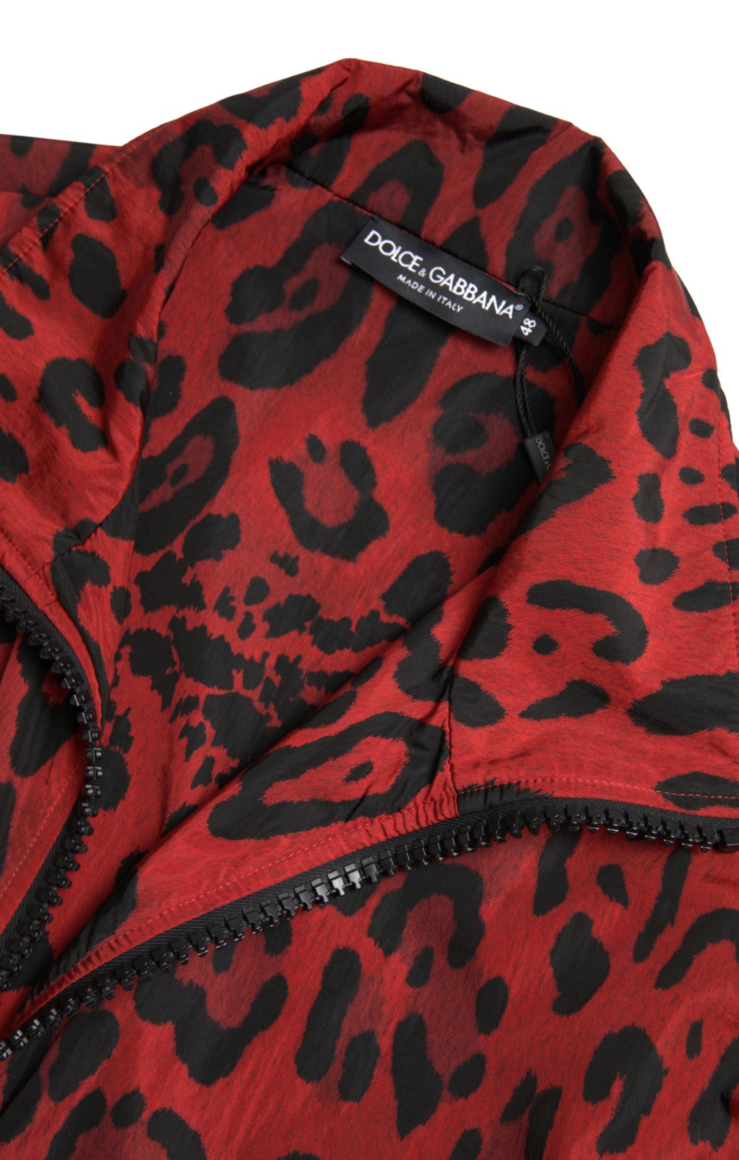 Dolce & Gabbana Roter Nylonpullover mit durchgehendem Reißverschluss und Leopardenmuster