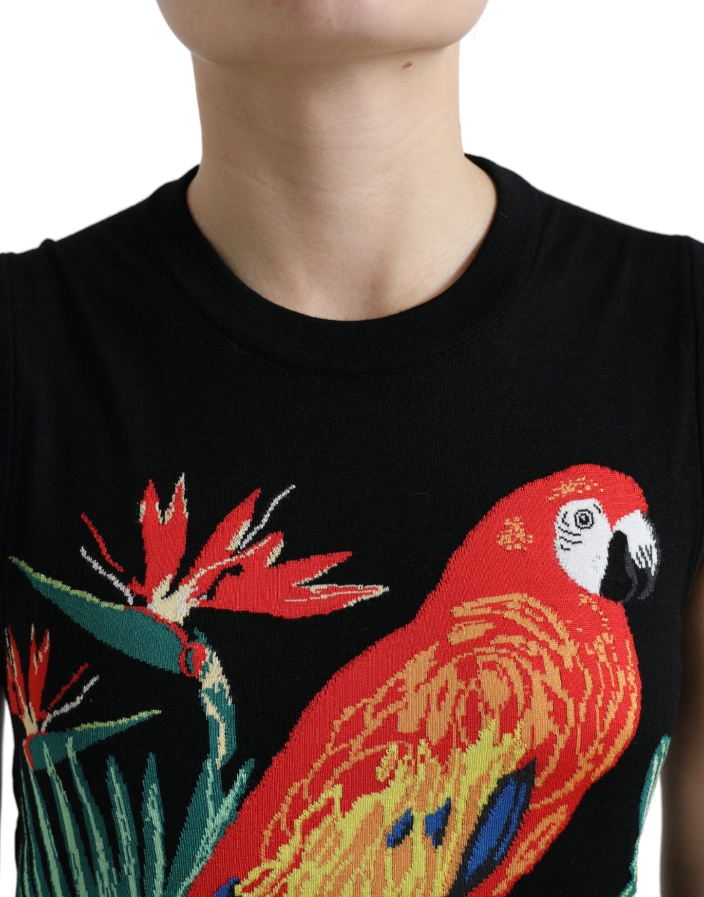 Dolce & Gabbana – Ärmelloses Tank-T-Shirt aus Wollstrick mit schwarzem Vogel