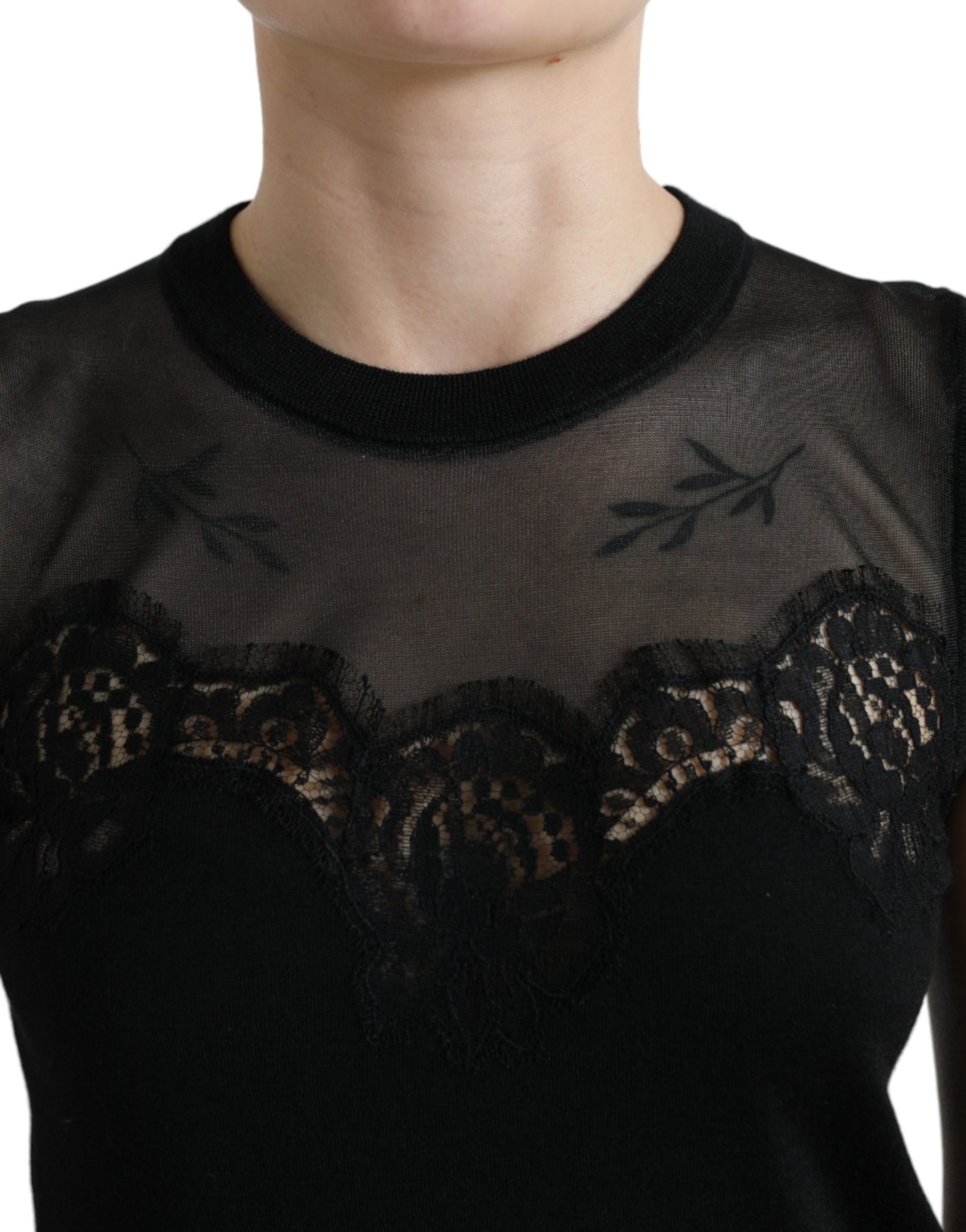 Dolce & Gabbana – Ärmelloses Tanktop aus Kaschmir mit Spitzenbesatz in Schwarz