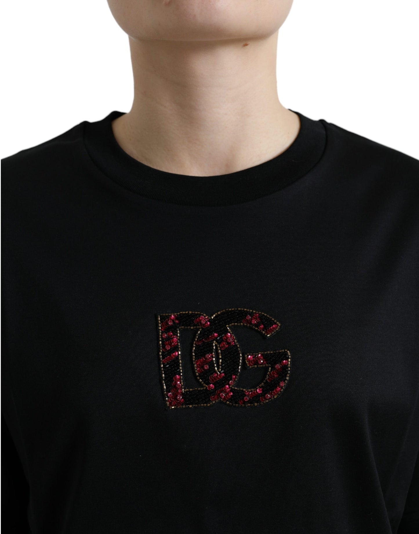 Dolce & Gabbana Schwarzes Baumwoll-T-Shirt mit Rundhalsausschnitt und DG-Kristallen