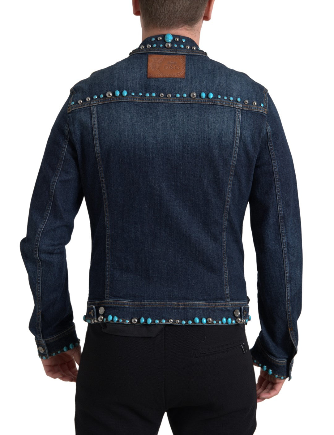Dolce & Gabbana – Blaue Jeansjacke mit türkisfarbenen Steinen und Nieten