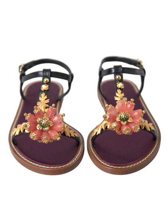 Dolce & Gabbana Schwarze Kristallgold-Sandalen Lederschuhe
