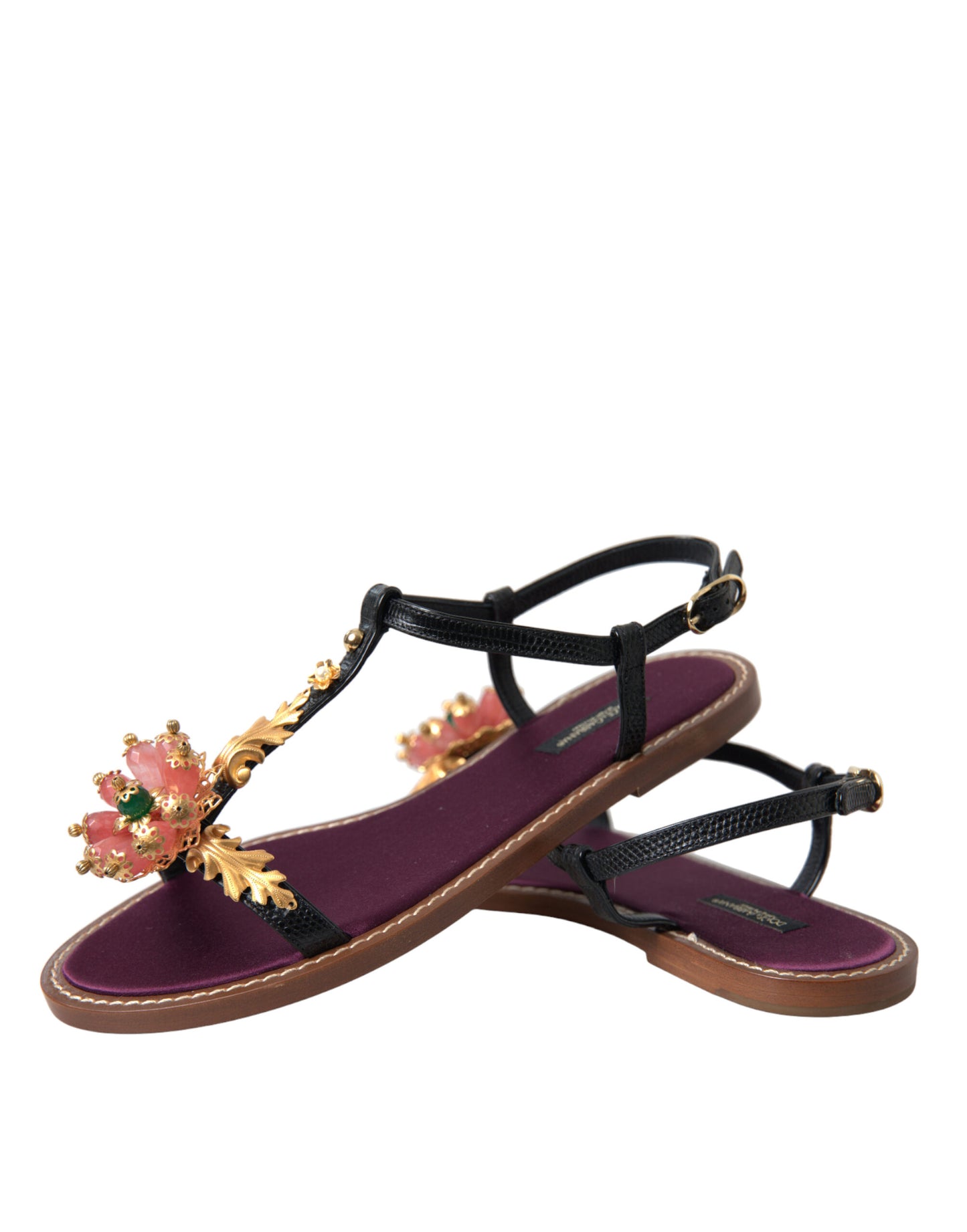 Dolce & Gabbana Schwarze Kristallgold-Sandalen Lederschuhe