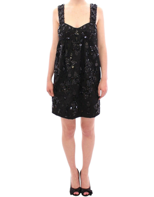 Dolce & Gabbana Schwarzes Kleid mit Blumen- und Kristallbesatz