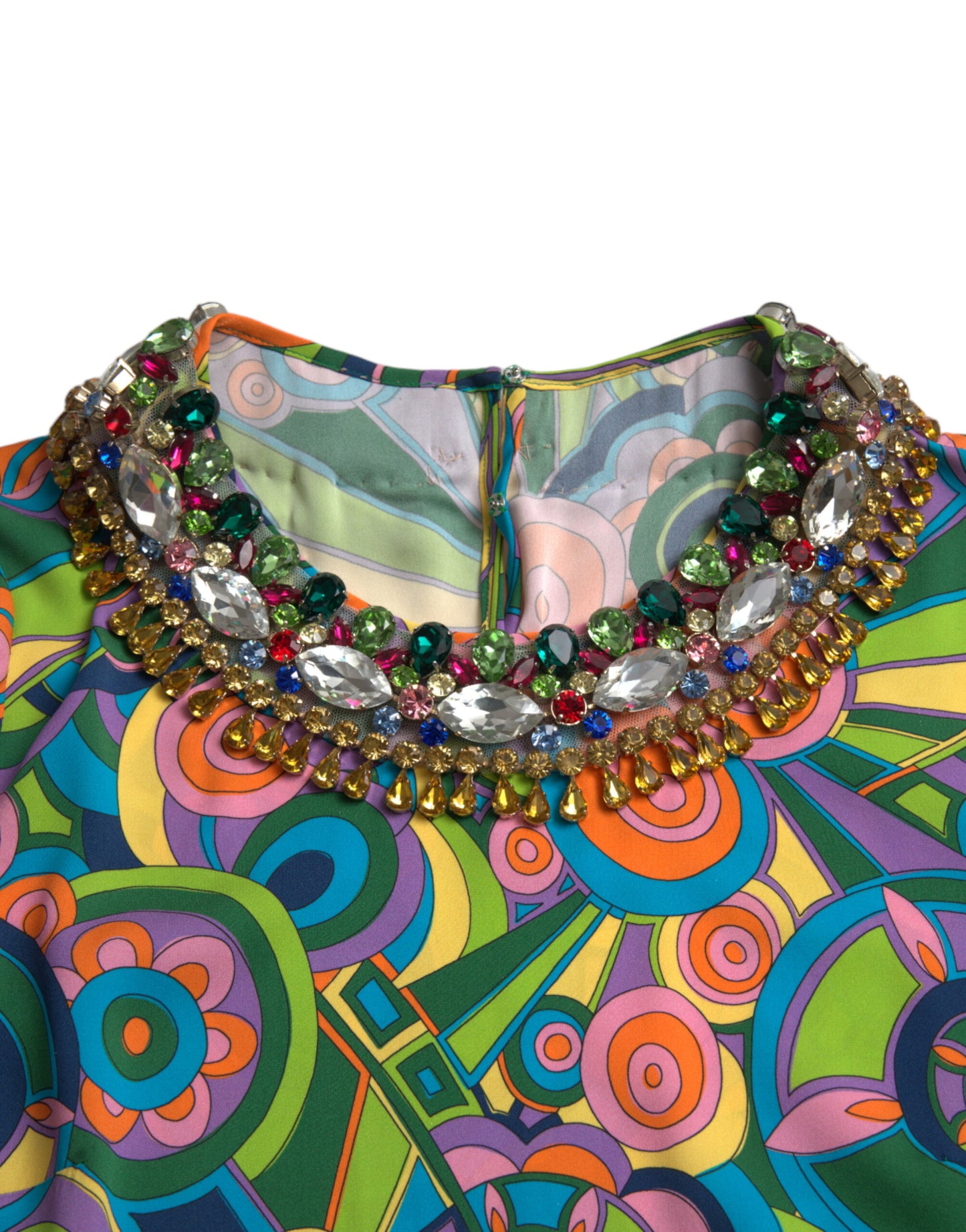Dolce & Gabbana – Mehrfarbiges Midikleid aus Seide mit geometrischem Print und Kristallen