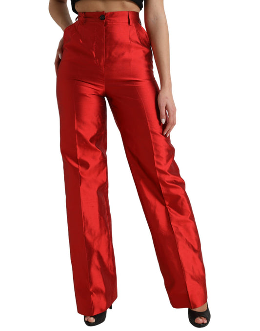 Dolce & Gabbana – Rote Hose aus Satinseide mit hoher Taille und weitem Bein