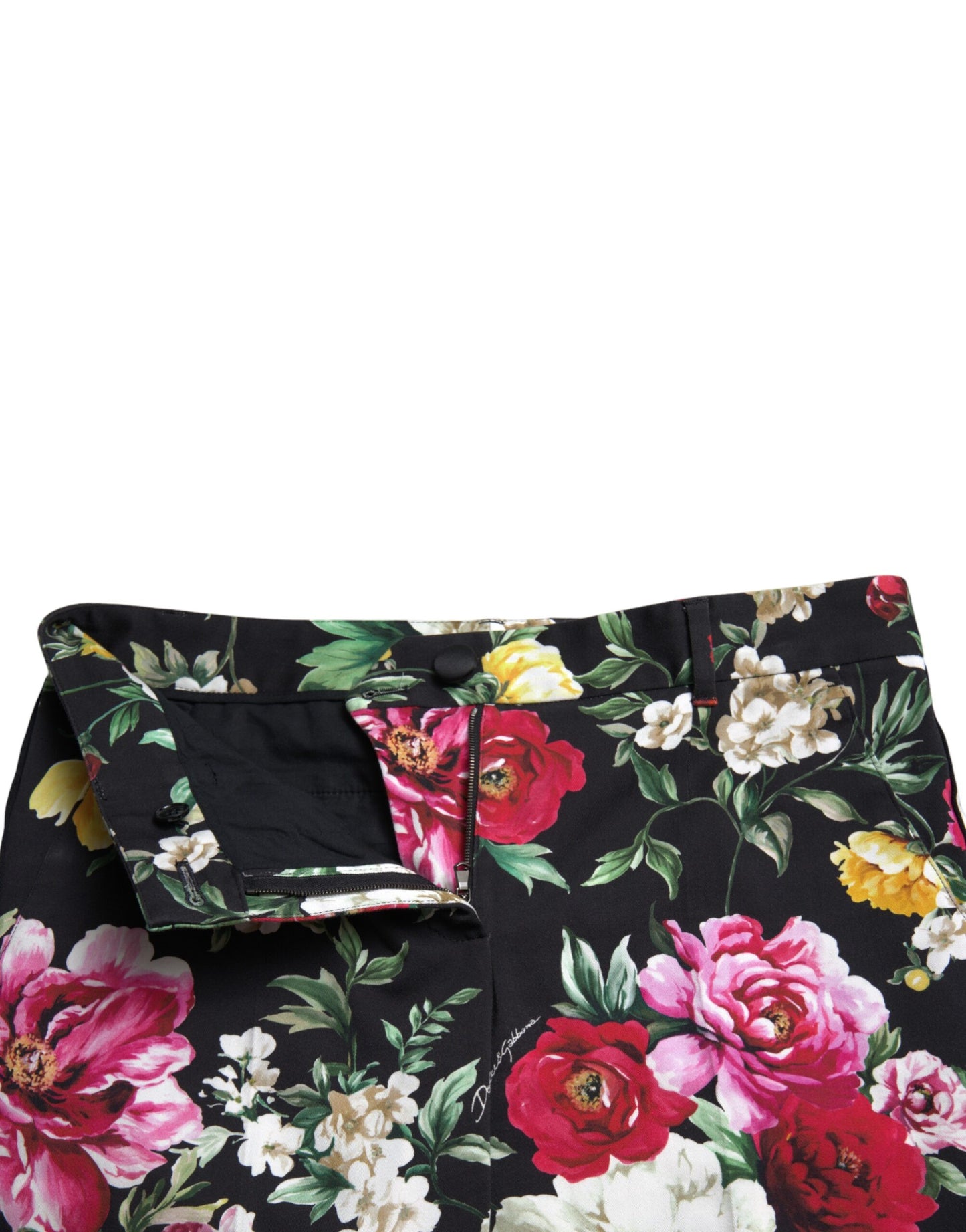 Dolce & Gabbana – Schwarze, verkürzte Hose mit Blumenmuster und mittlerer Taille