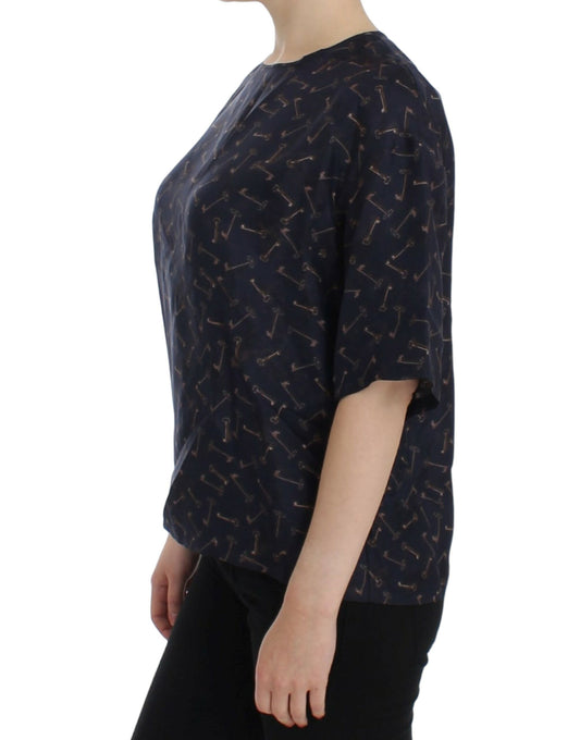 Dolce & Gabbana Blaue Seidenbluse mit goldenem Schlüsseldruck