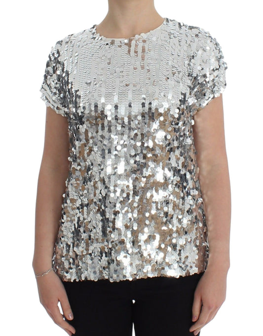 Dolce & Gabbana – T-Shirt-Oberteil mit Rundhalsausschnitt und silbernen Pailletten
