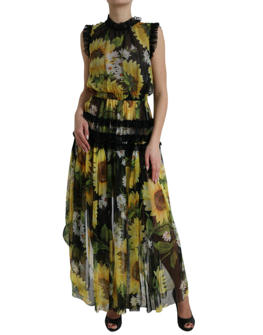 Dolce & Gabbana Schwarzes A-Linien-Maxikleid mit Sonnenblumen-Plissee