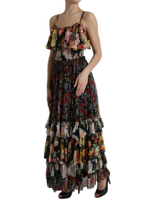 Dolce & Gabbana – Mehrfarbiges, gestuftes Maxikleid aus Chiffon mit Blumenmuster