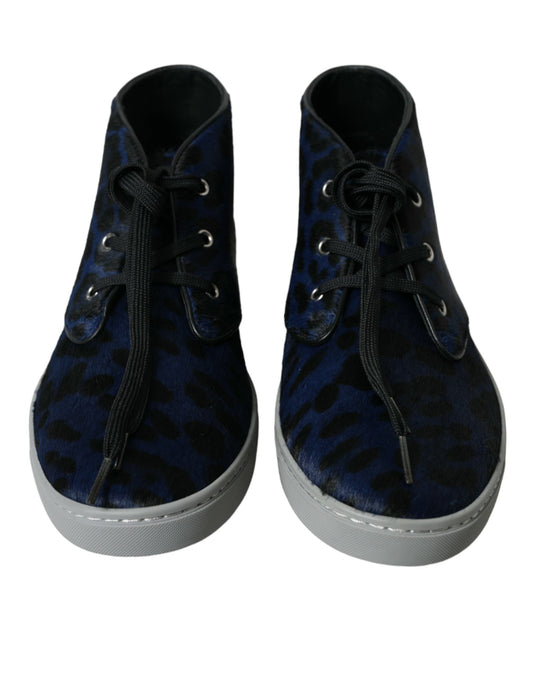 Dolce & Gabbana – Blaue Sneakers aus Kalbsleder mit Leopardenmuster