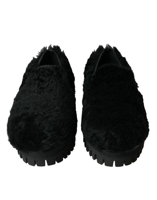 Dolce & Gabbana Schwarze Pelz-Leder-Slipper-Abendschuhe