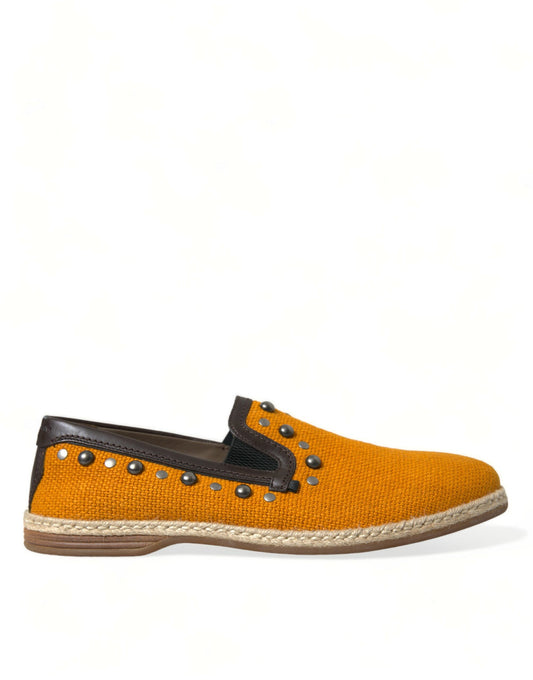 Dolce & Gabbana – Orangefarbene Loafer aus Leinen und Leder mit Nieten