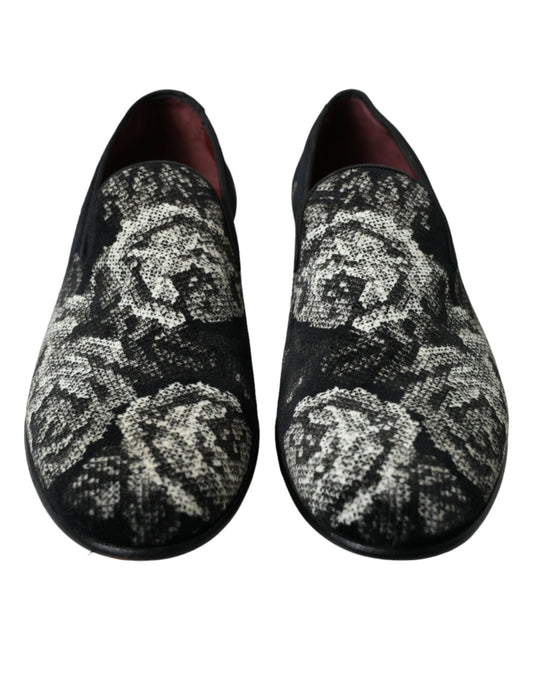 Dolce & Gabbana Schwarze Hausschuhe mit Blumenmuster Herren Halbschuhe Abendschuhe