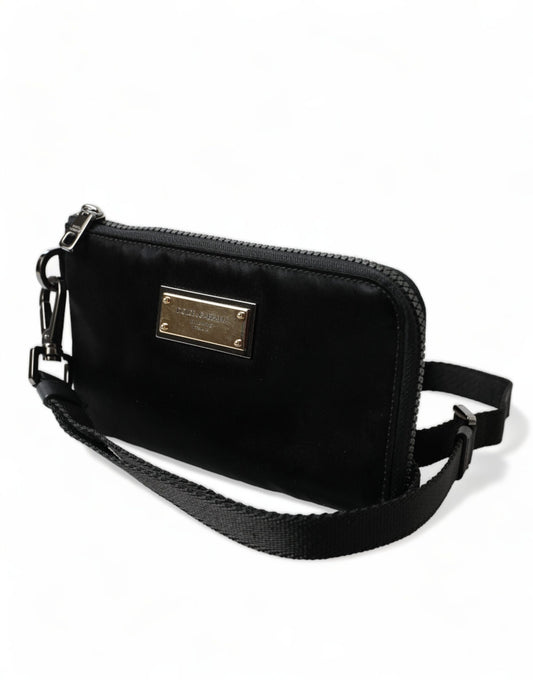 Dolce & Gabbana – Schwarze Clutch aus Nylon mit Schlüsselanhänger und Logo-Plakette