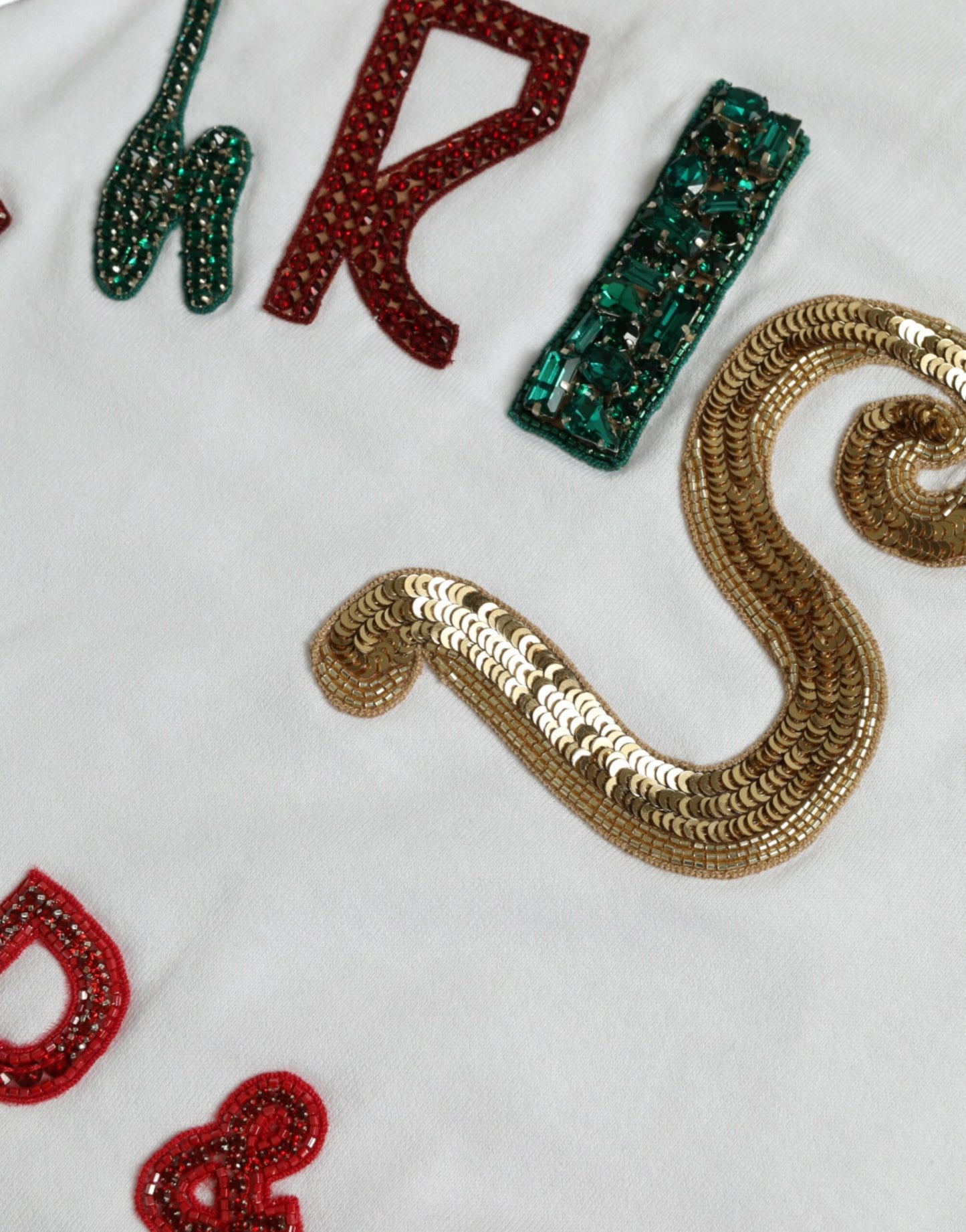 Dolce & Gabbana Weißes Baumwoll-T-Shirt mit Weihnachtspailletten und Pelz