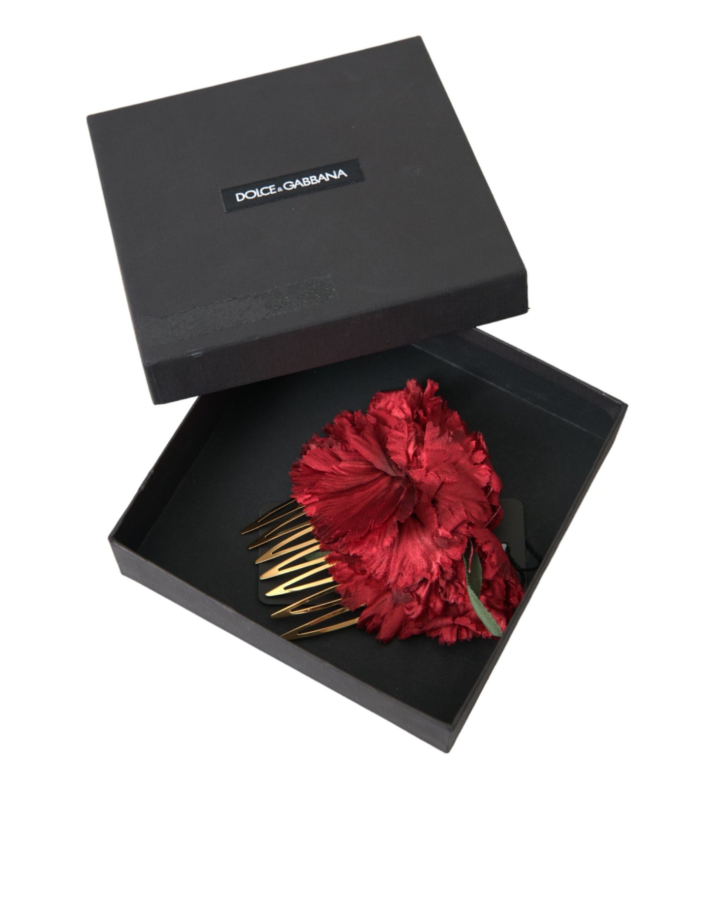Dolce & Gabbana – Haarkamm aus roter Seide mit Blumenmuster und goldenem Messing für Damen