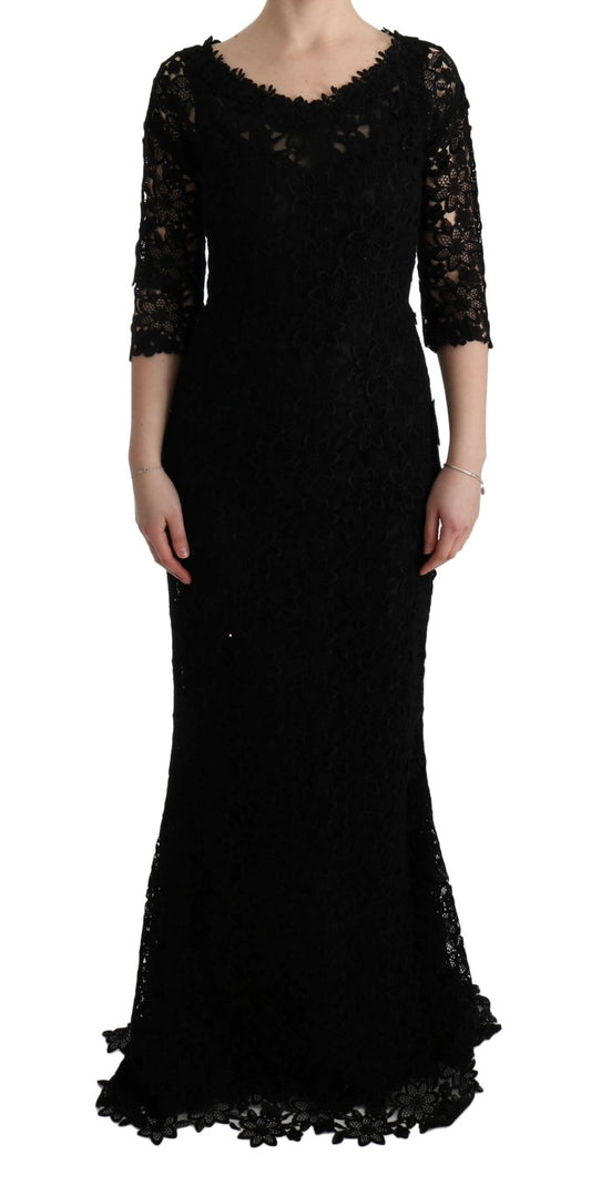 Dolce & Gabbana – Langes Etuikleid „Ricamo“ mit Blumenmuster in Schwarz