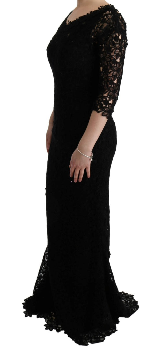 Dolce & Gabbana – Langes Etuikleid „Ricamo“ mit Blumenmuster in Schwarz