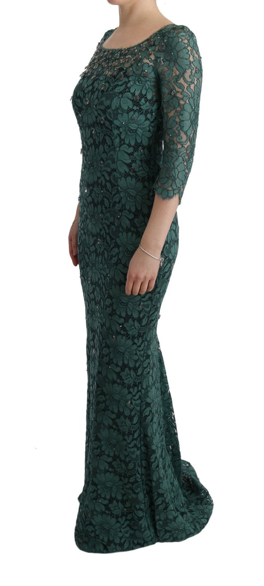Dolce & Gabbana – Grünes Ricamo-Etuikleid mit Blumenmuster und Kristallen