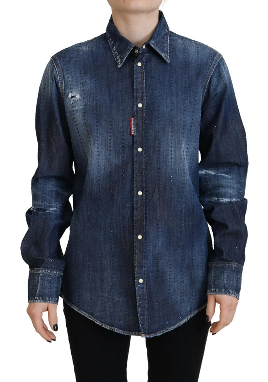 Dsquared² Blaues Jeansoberteil aus gewaschener Baumwolle mit Button-Down-Kragen