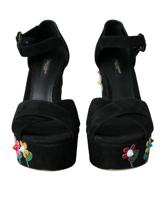 Dolce & Gabbana Schwarze Sandalen mit Knöchelriemen und Blumenmuster