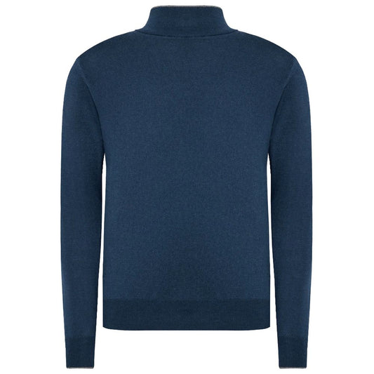 La Martina Blue Wool Men Sweater with Half Zip Closure