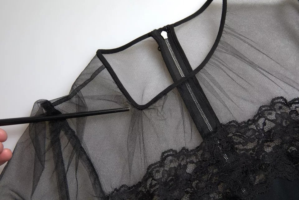 Dolce & Gabbana – Schwarzes, transparentes Midi-Etuikleid aus floraler Spitze