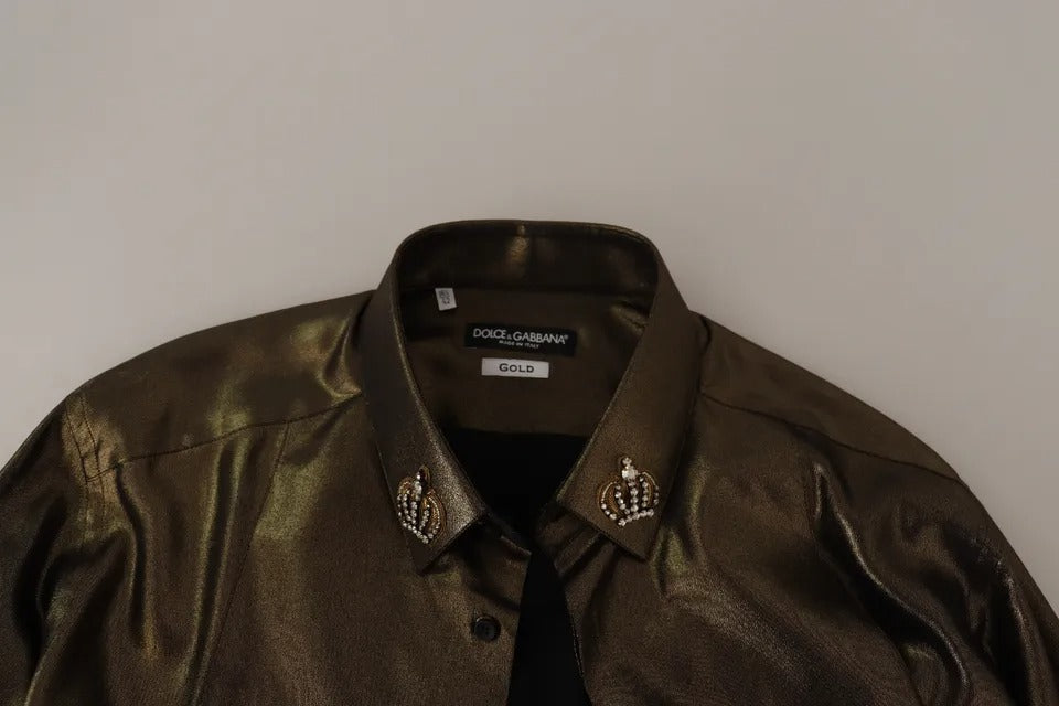 Dolce & Gabbana – Seidenoberhemd mit DG-Kronenstickerei in Metallic-Gold