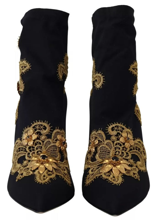 Dolce & Gabbana – Slipper-Stiefel mit schwarzer Goldstickerei