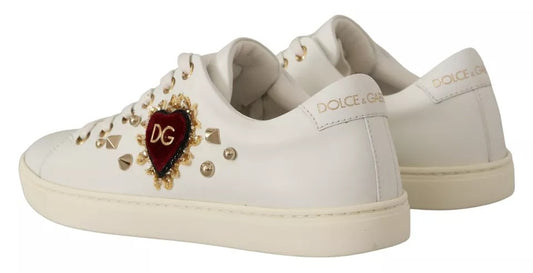 Dolce & Gabbana Weiße Leder Gold Rote Herz Sneakers Schuhe